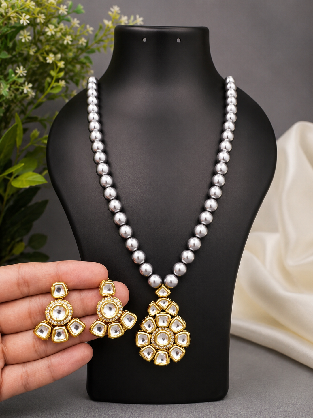 ChatGPT Image Jun 7, 2026, 06_11_34 PM Silver Pearl Kundan Pendant Set - Image 1
